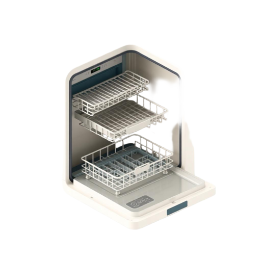 Isometric illustration of a dishwasher with open racks
