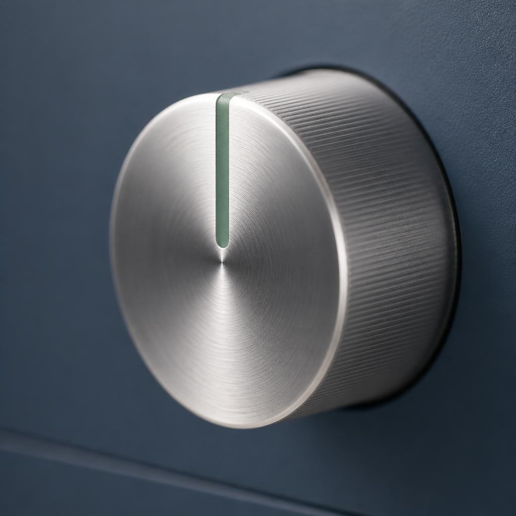 Macro photograph of a stainless steel appliance control dial